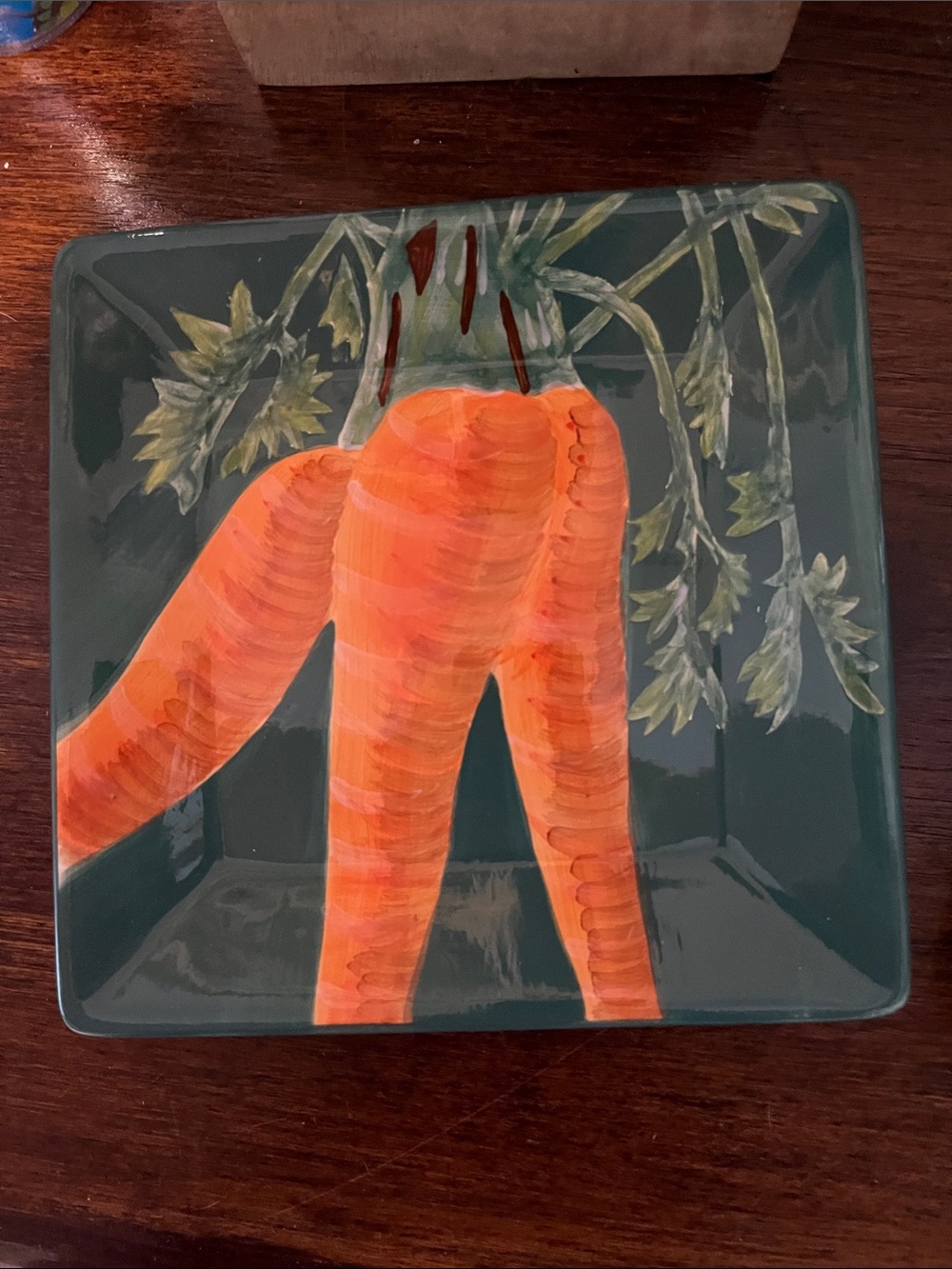 Hand-Painted Orange Carrot and Peas Square Decorative Plates and - Home Art